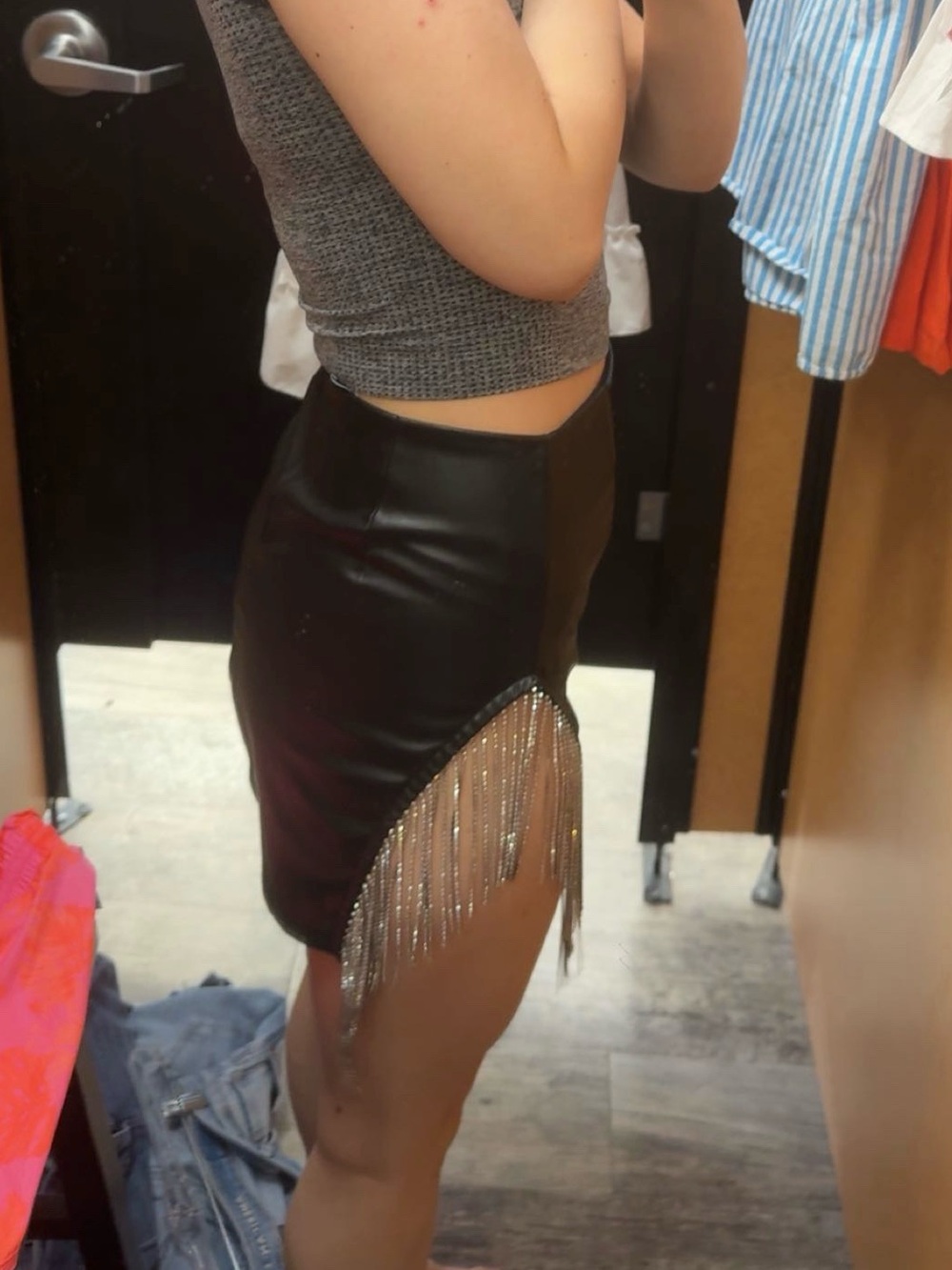 Faux Leather Black Mini Skirt with Silver Chain Fringe